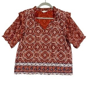 Lucky Brand Mixed Media Floral Boho Print Ruffle Blouse Size L Red